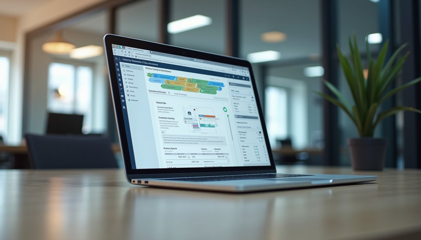 Eye-level view of a modern office desk with a laptop displaying workflow automation software