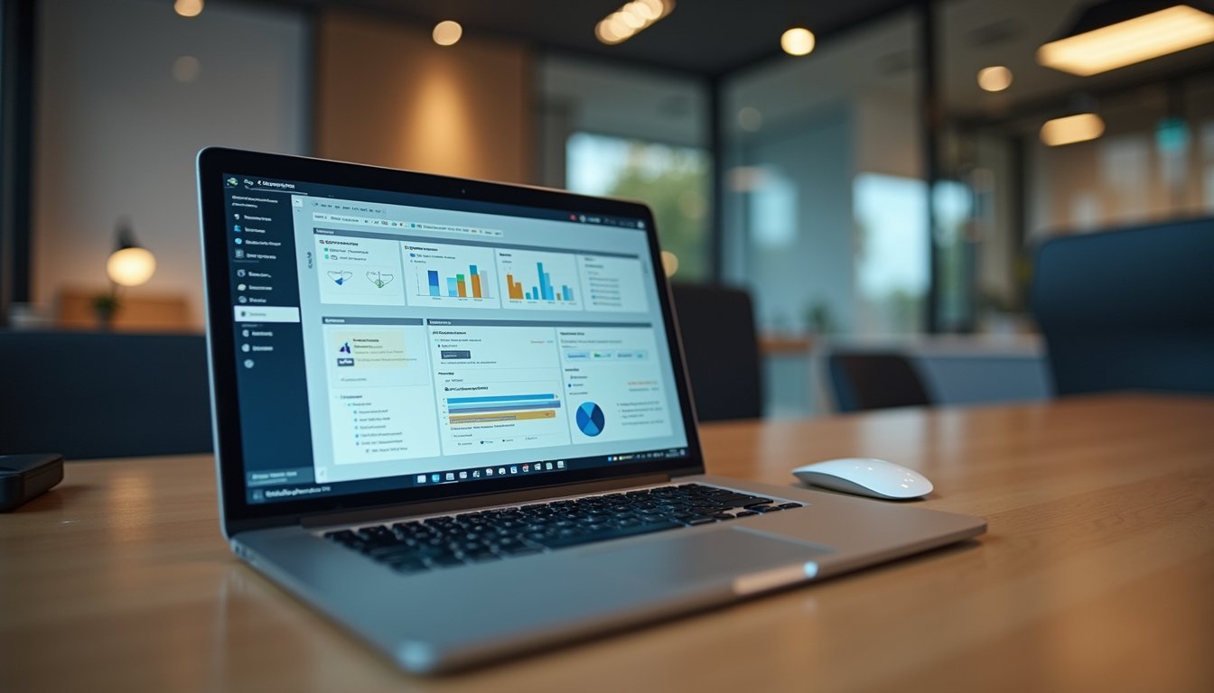 Eye-level view of a modern office desk with a laptop displaying workflow automation software