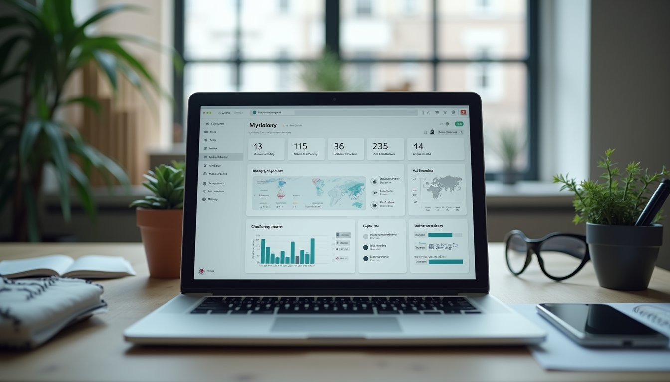 Eye-level view of a modern office workspace with a laptop displaying a web app dashboard