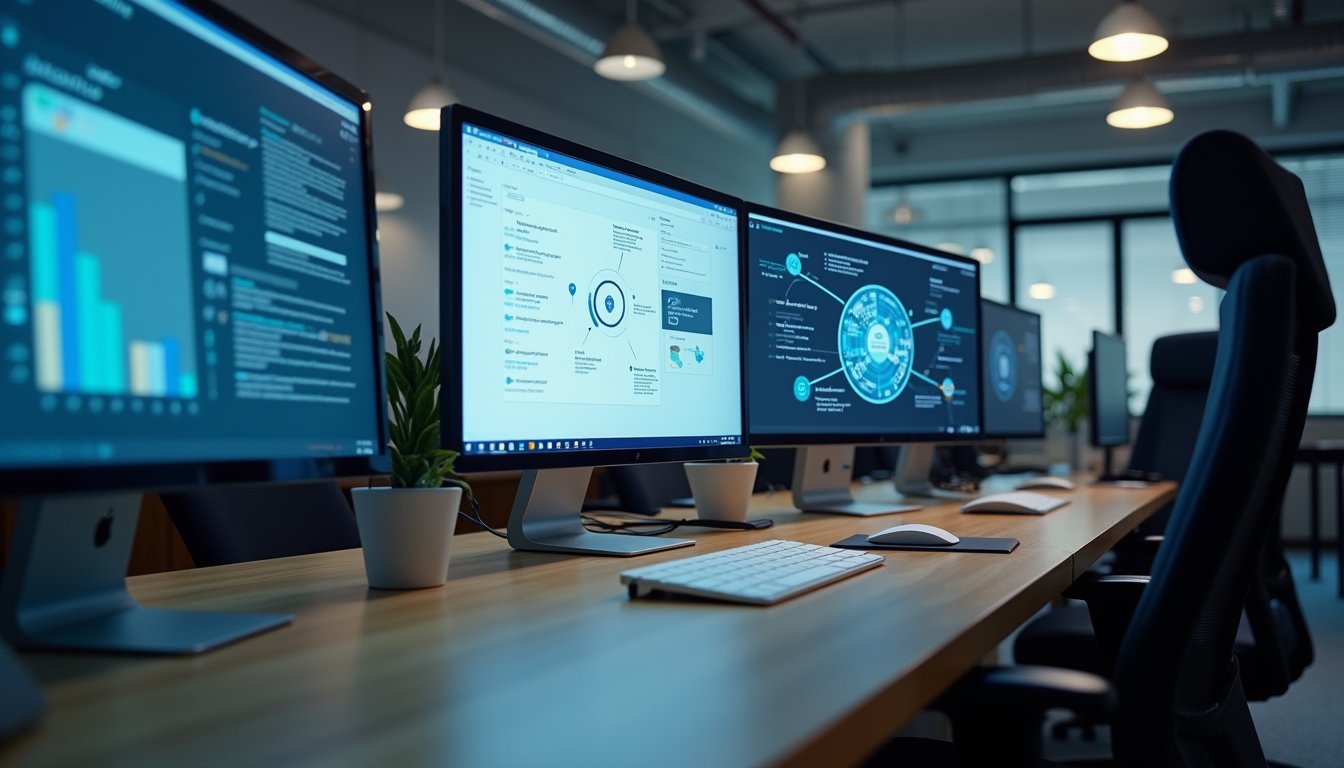 Eye-level view of a modern office workspace with multiple computer screens showing workflow diagrams
