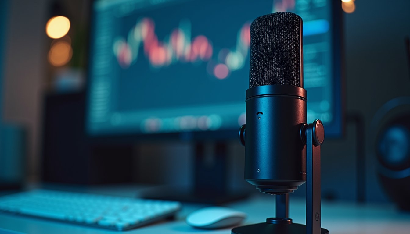 Close-up view of a microphone and computer setup for AI voice technology integration