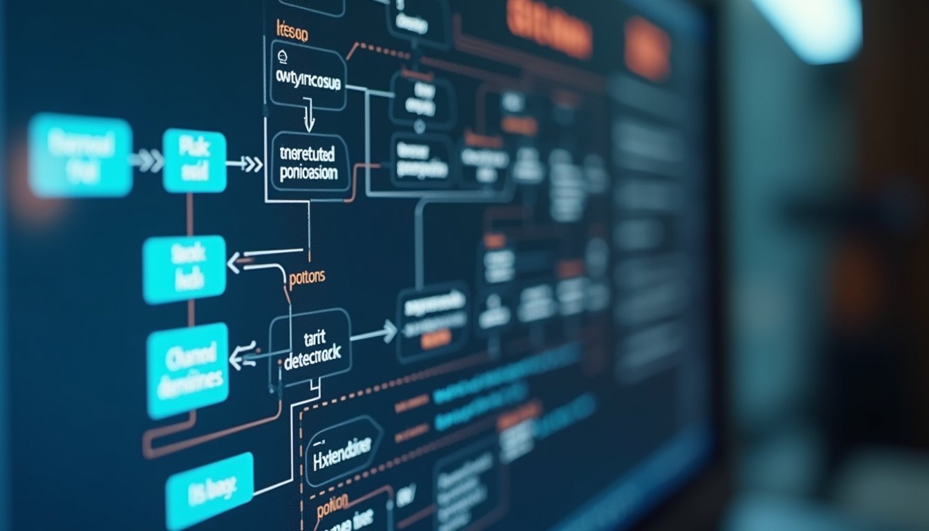Close-up view of a computer screen displaying a flowchart of automated business processes