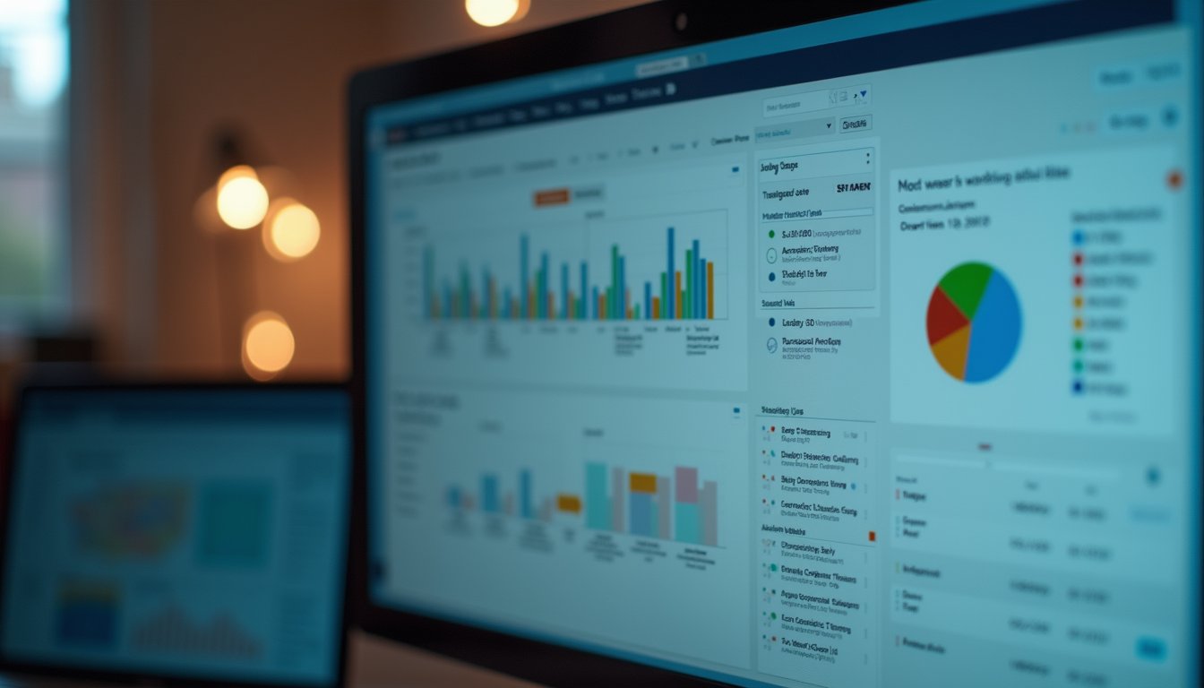 Close-up view of a computer screen displaying workflow automation software with charts and task lists