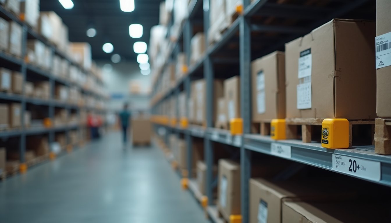 Close-up view of a warehouse shelf with automated inventory tracking sensors