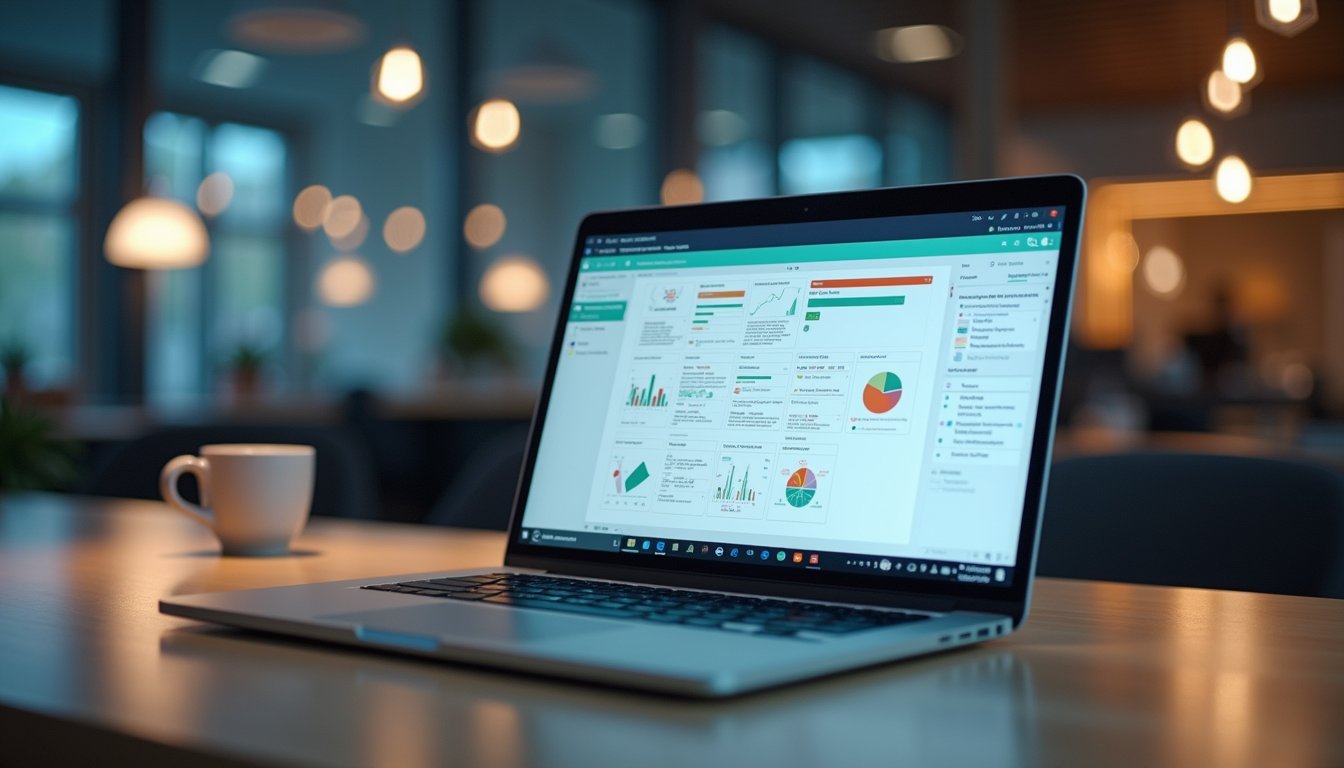 Eye-level view of a modern office desk with a laptop displaying workflow automation software